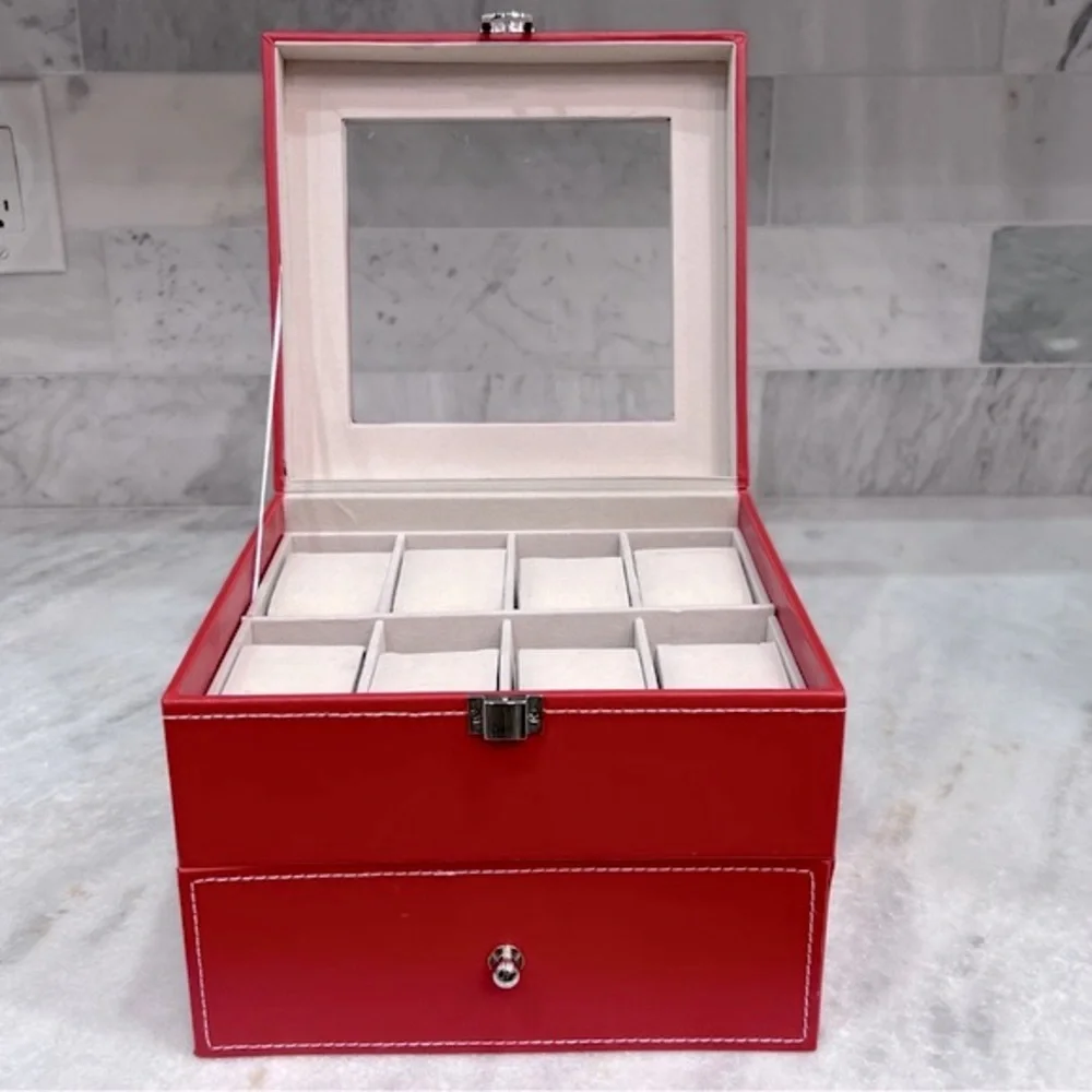 2 TIER Coral Red Faux Leather Watch Box